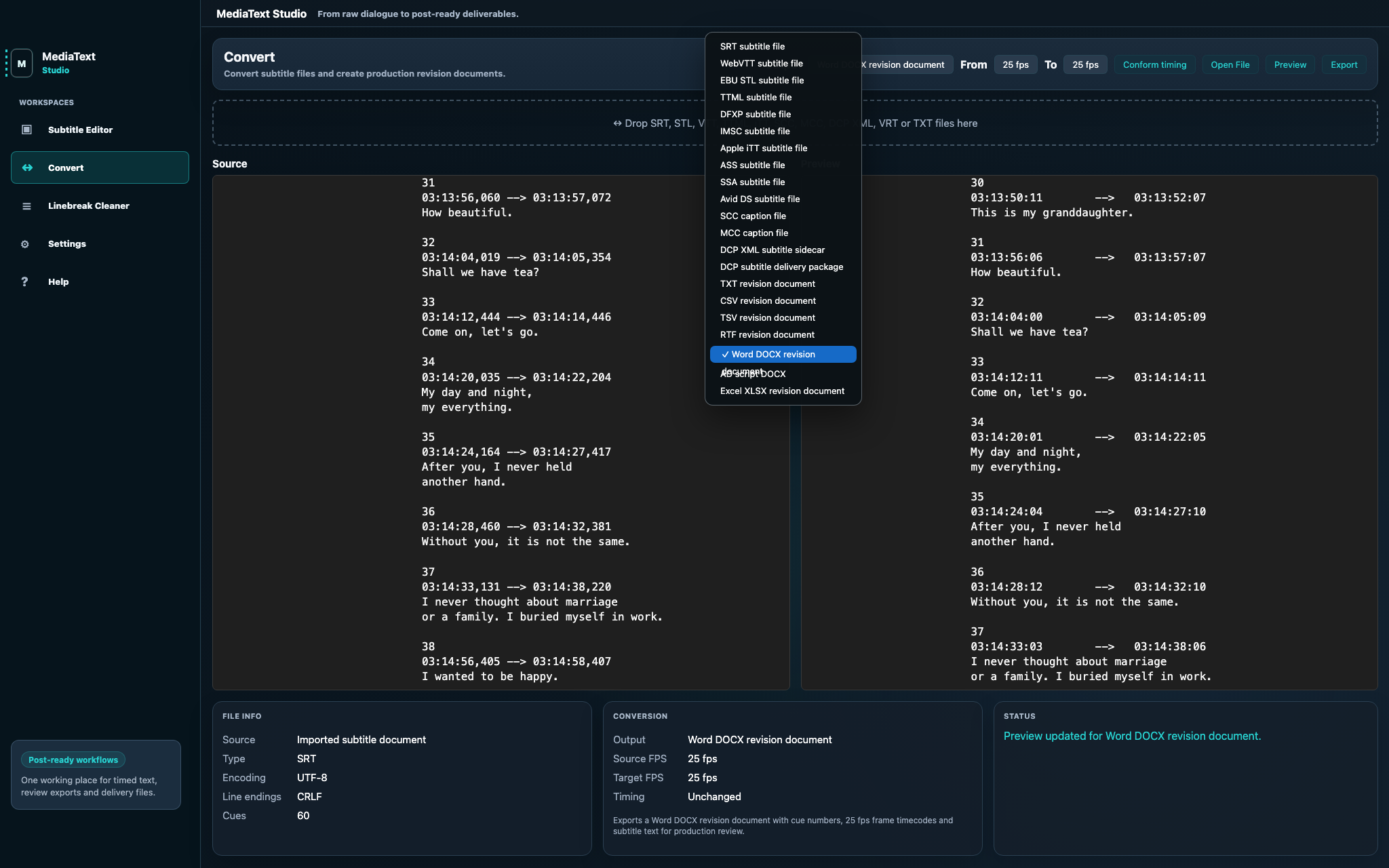 MediaText Studio conversion preview for review document export