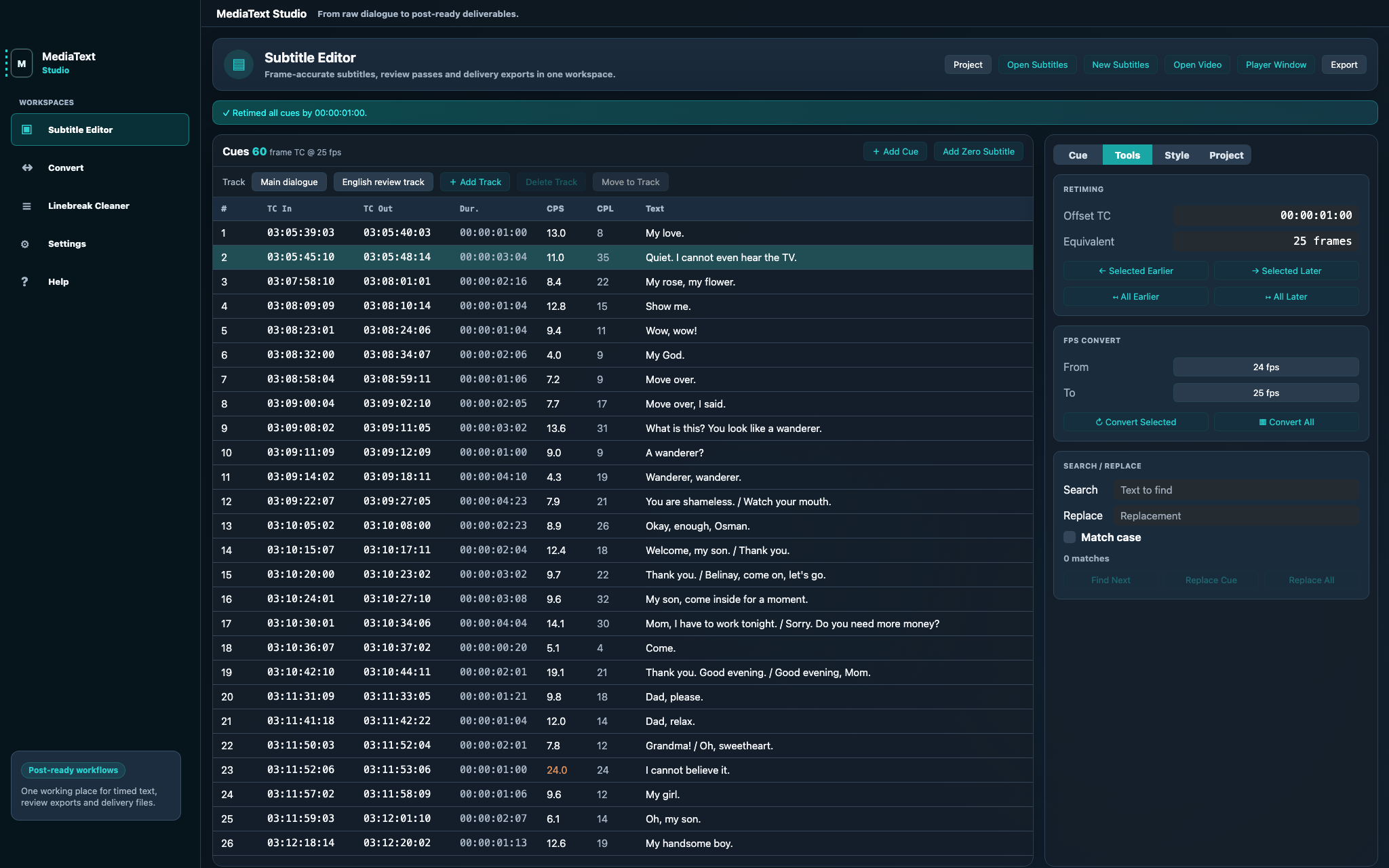 MediaText Studio subtitle editor with cue table and retiming tools