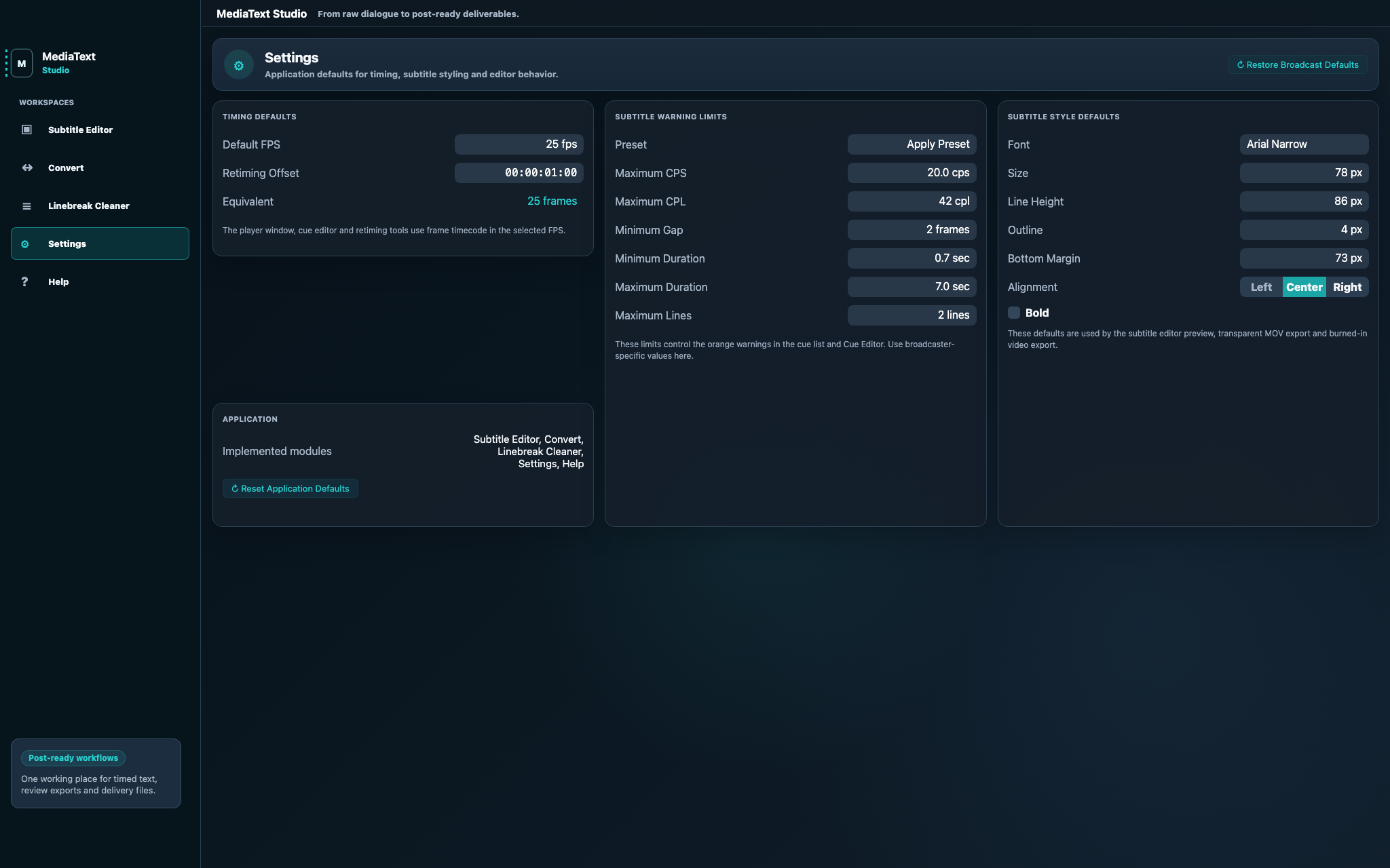 MediaText Studio settings for timing, warning limits and subtitle style defaults